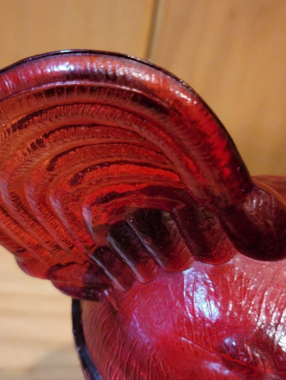 Vintage L.E. Smith Amberina Red Glass Standing Rooster Covered Candy Dish